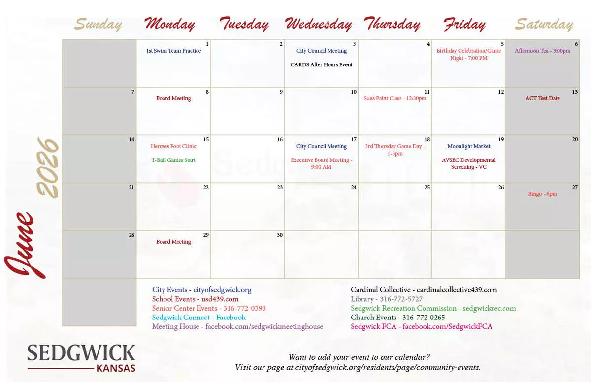 June 2026 Community Calendar - City of Sedgwick, KS